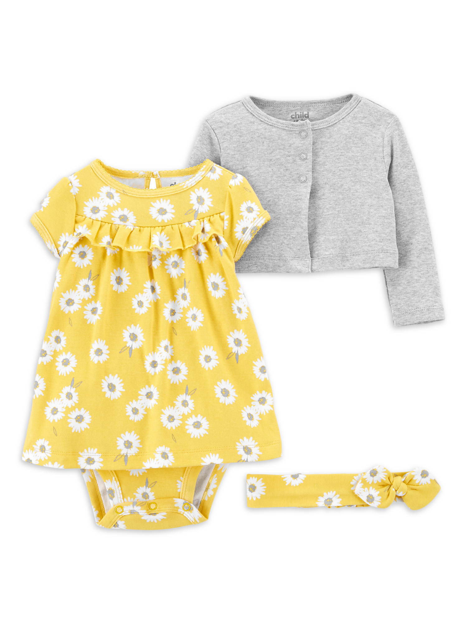 Комплект з 3 предметів сукня-боді, кардиган і пов'язка для малятка "Сонячні квіти"